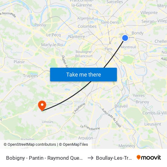 Bobigny - Pantin - Raymond Queneau to Boullay-Les-Troux map