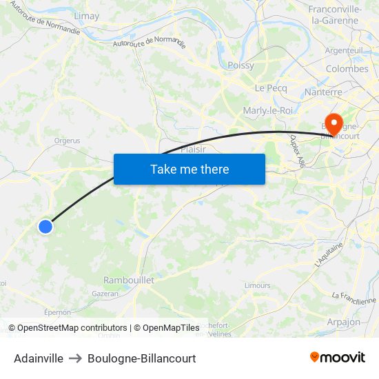Adainville to Boulogne-Billancourt map