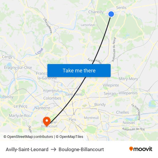 Avilly-Saint-Leonard to Boulogne-Billancourt map
