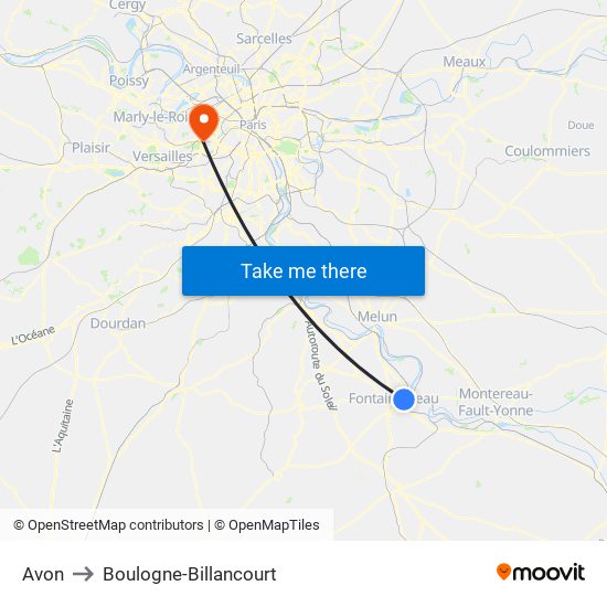 Avon to Boulogne-Billancourt map