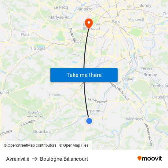 Avrainville to Boulogne-Billancourt map