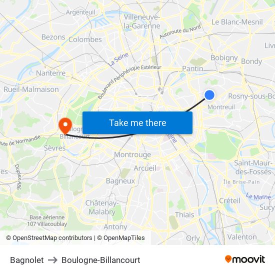 Bagnolet to Boulogne-Billancourt map