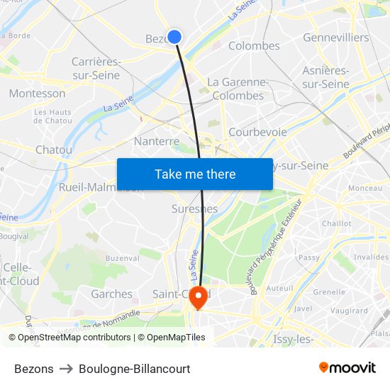 Bezons to Boulogne-Billancourt map