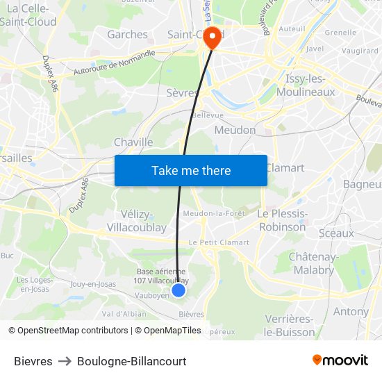 Bievres to Boulogne-Billancourt map