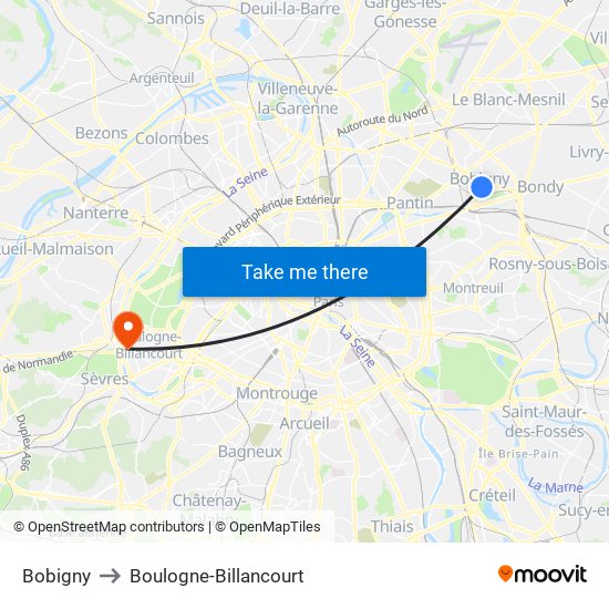 Bobigny to Boulogne-Billancourt map