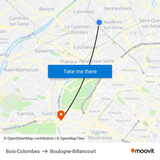 Bois-Colombes to Boulogne-Billancourt map