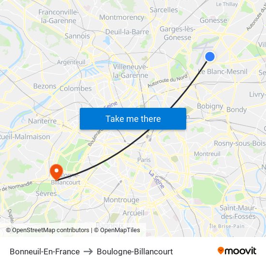 Bonneuil-En-France to Boulogne-Billancourt map