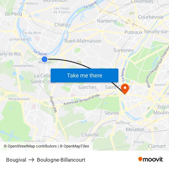 Bougival to Boulogne-Billancourt map