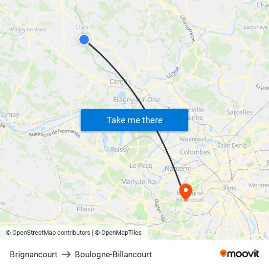 Brignancourt to Boulogne-Billancourt map