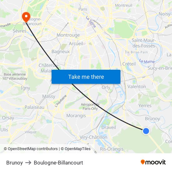 Brunoy to Boulogne-Billancourt map