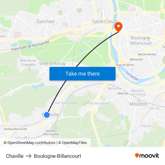 Chaville to Boulogne-Billancourt map
