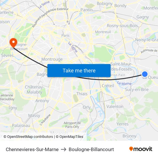 Chennevieres-Sur-Marne to Boulogne-Billancourt map