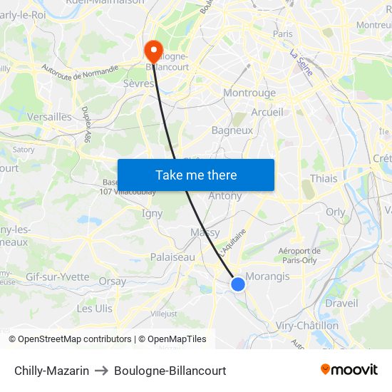 Chilly-Mazarin to Boulogne-Billancourt map