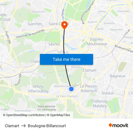 Clamart to Boulogne-Billancourt map