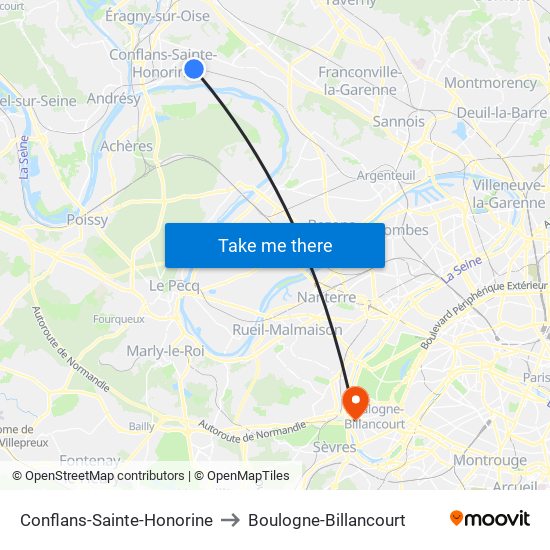 Conflans-Sainte-Honorine to Boulogne-Billancourt map