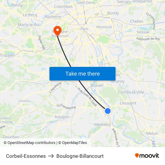 Corbeil-Essonnes to Boulogne-Billancourt map