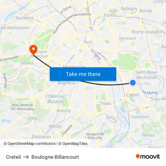 Creteil to Boulogne-Billancourt map