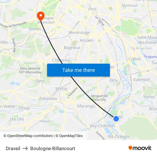 Draveil to Boulogne-Billancourt map