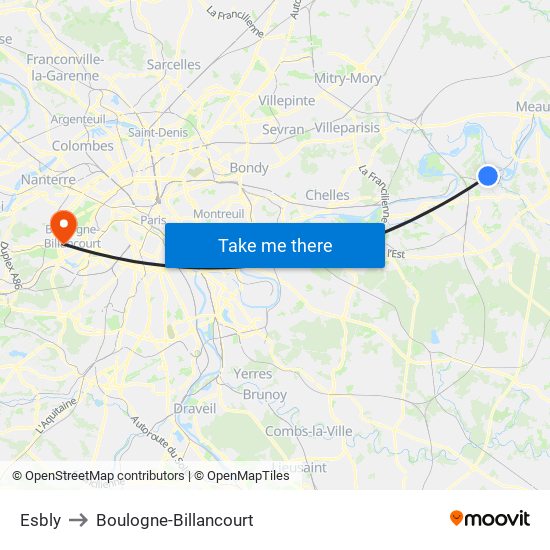 Esbly to Boulogne-Billancourt map