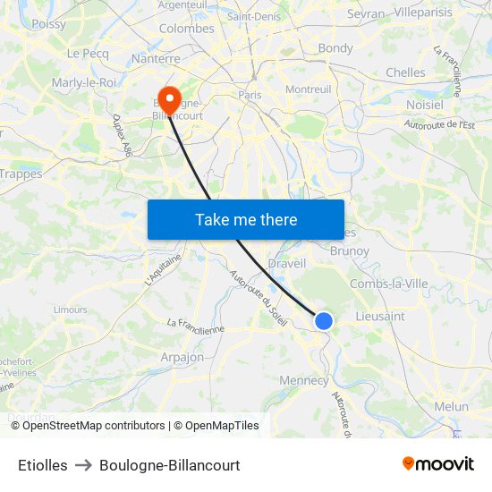 Etiolles to Boulogne-Billancourt map