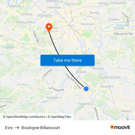 Evry to Boulogne-Billancourt map