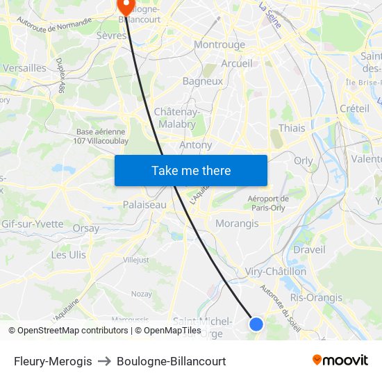 Fleury-Merogis to Boulogne-Billancourt map