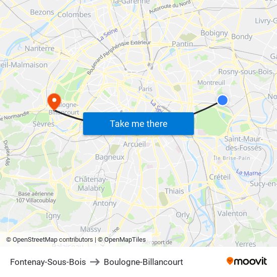 Fontenay-Sous-Bois to Boulogne-Billancourt map