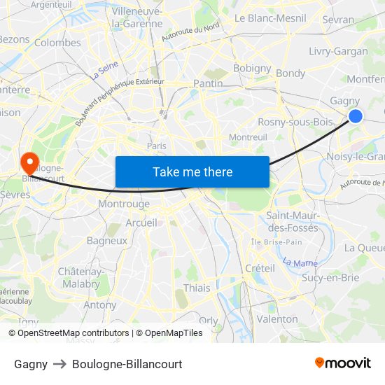 Gagny to Boulogne-Billancourt map
