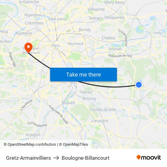 Gretz-Armainvilliers to Boulogne-Billancourt map
