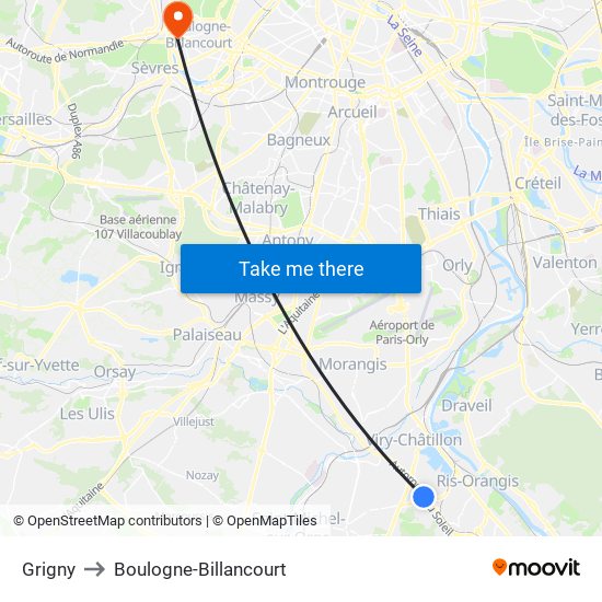 Grigny to Boulogne-Billancourt map