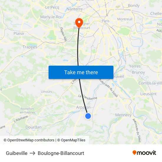 Guibeville to Boulogne-Billancourt map