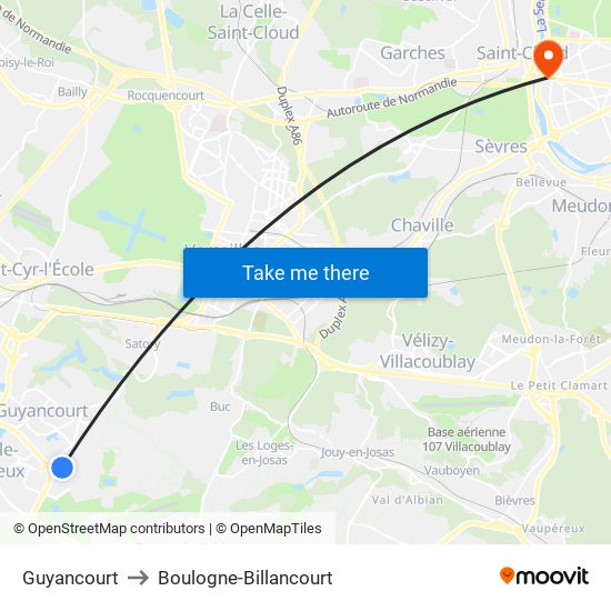 Guyancourt to Boulogne-Billancourt map