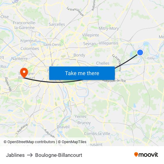 Jablines to Boulogne-Billancourt map
