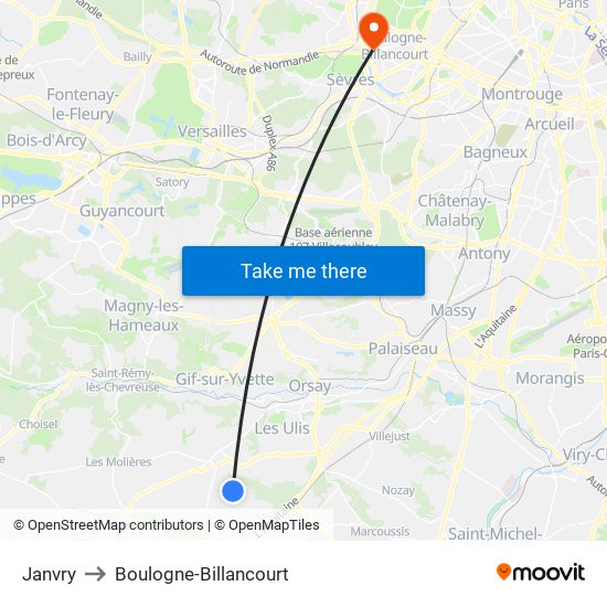 Janvry to Boulogne-Billancourt map