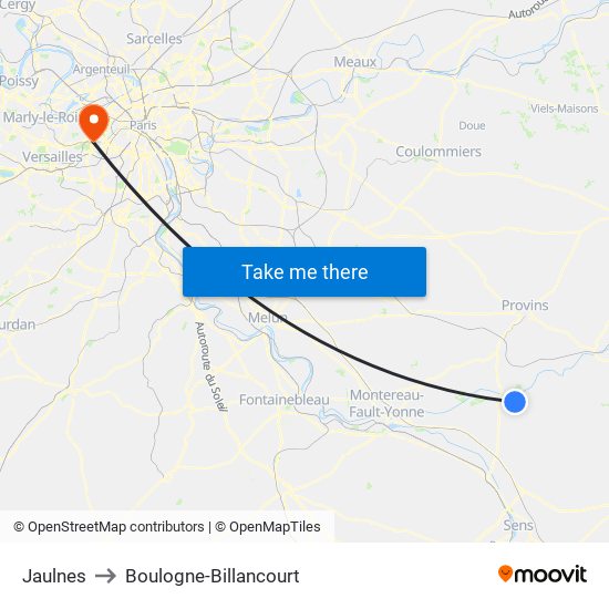 Jaulnes to Boulogne-Billancourt map