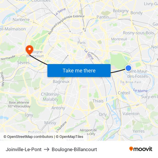 Joinville-Le-Pont to Boulogne-Billancourt map