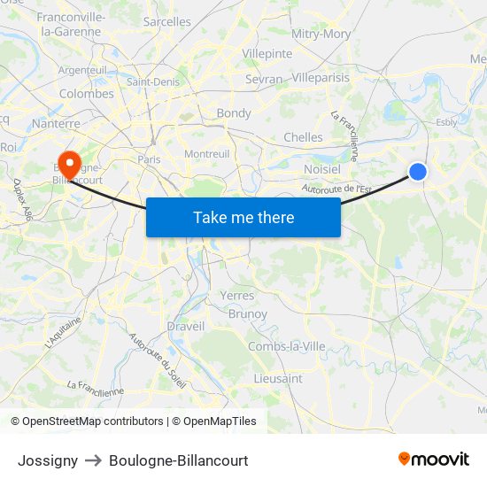 Jossigny to Boulogne-Billancourt map