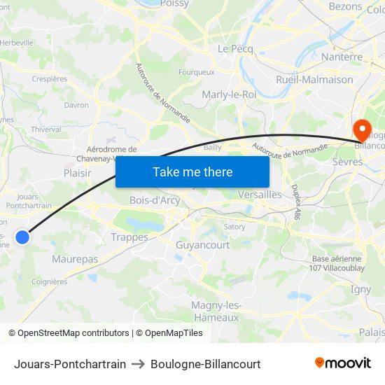 Jouars-Pontchartrain to Boulogne-Billancourt map