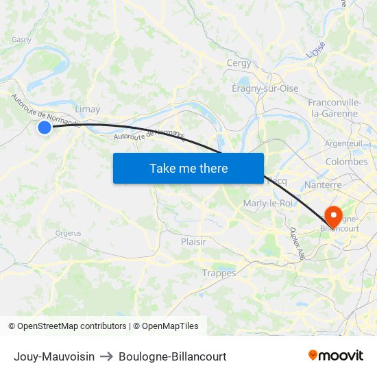 Jouy-Mauvoisin to Boulogne-Billancourt map
