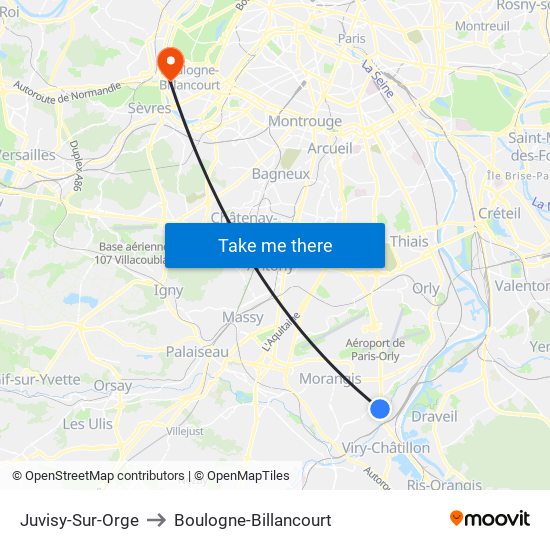 Juvisy-Sur-Orge to Boulogne-Billancourt map
