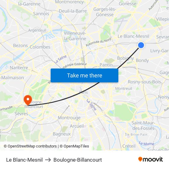 Le Blanc-Mesnil to Boulogne-Billancourt map