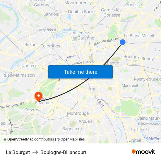 Le Bourget to Boulogne-Billancourt map