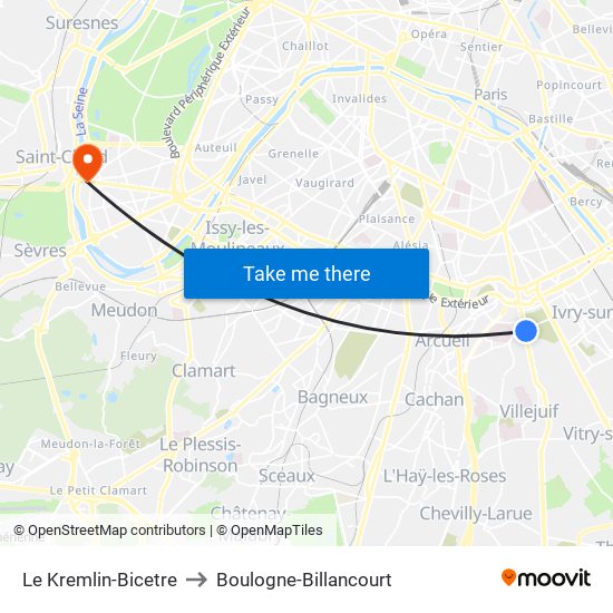 Le Kremlin-Bicetre to Boulogne-Billancourt map