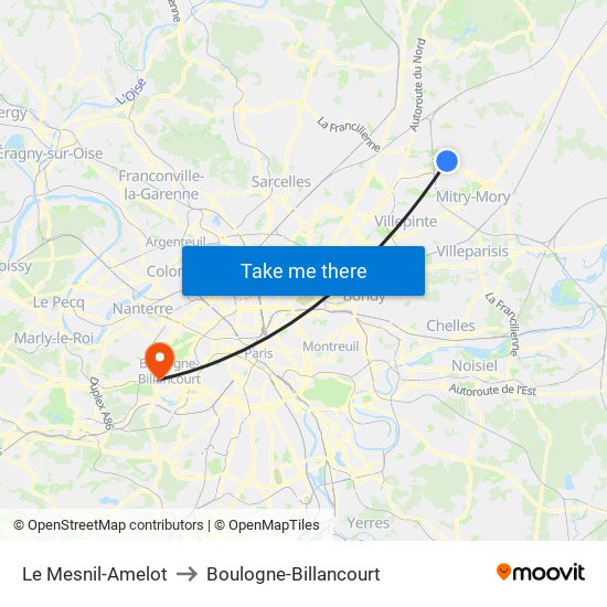 Le Mesnil-Amelot to Boulogne-Billancourt map