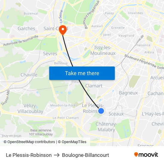 Le Plessis-Robinson to Boulogne-Billancourt map