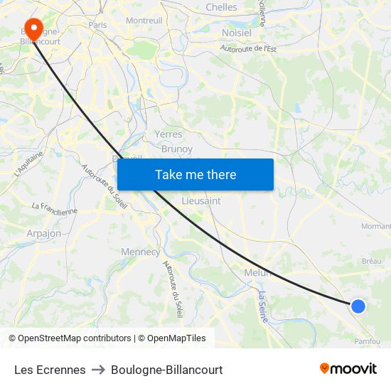 Les Ecrennes to Boulogne-Billancourt map
