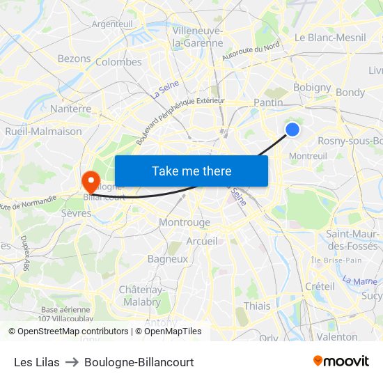 Les Lilas to Boulogne-Billancourt map