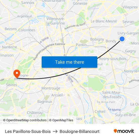 Les Pavillons-Sous-Bois to Boulogne-Billancourt map