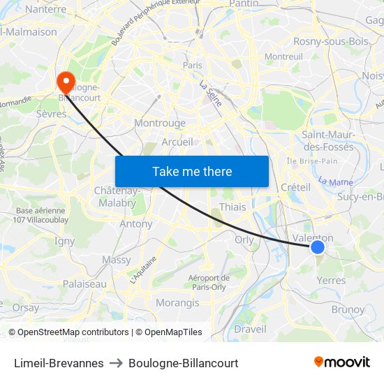 Limeil-Brevannes to Boulogne-Billancourt map