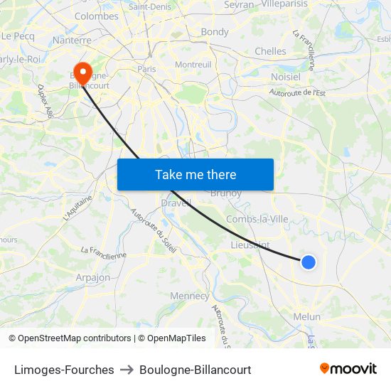 Limoges-Fourches to Boulogne-Billancourt map